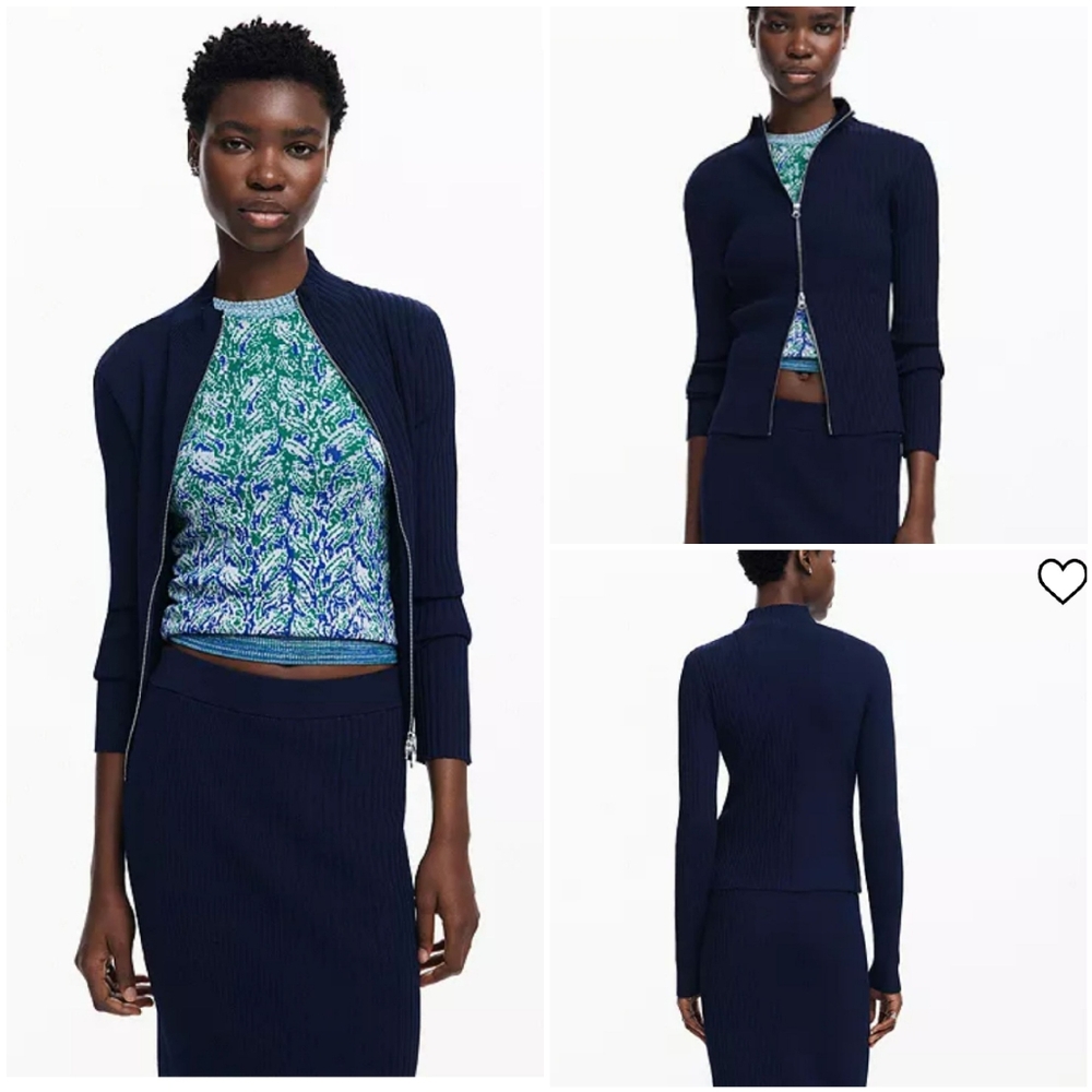 Desigual Women's Ribbed knit zip up sweater BLUE Sz L NWT